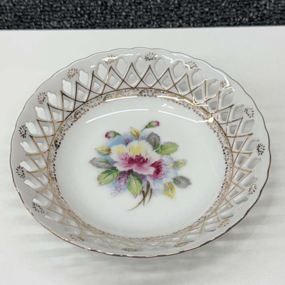 Vintage Ucagco China Reticulated Floral Bowl Gold Gilt Pierced Lattice Japan 6in